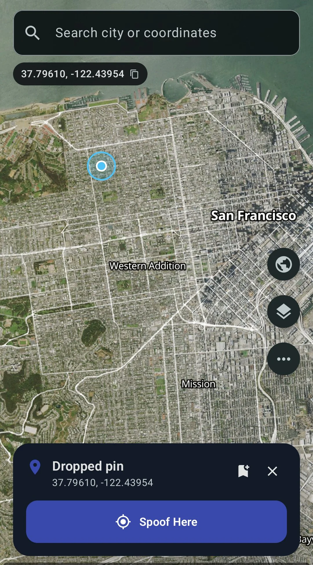 Satellite view — tap a location and press Spoof Here