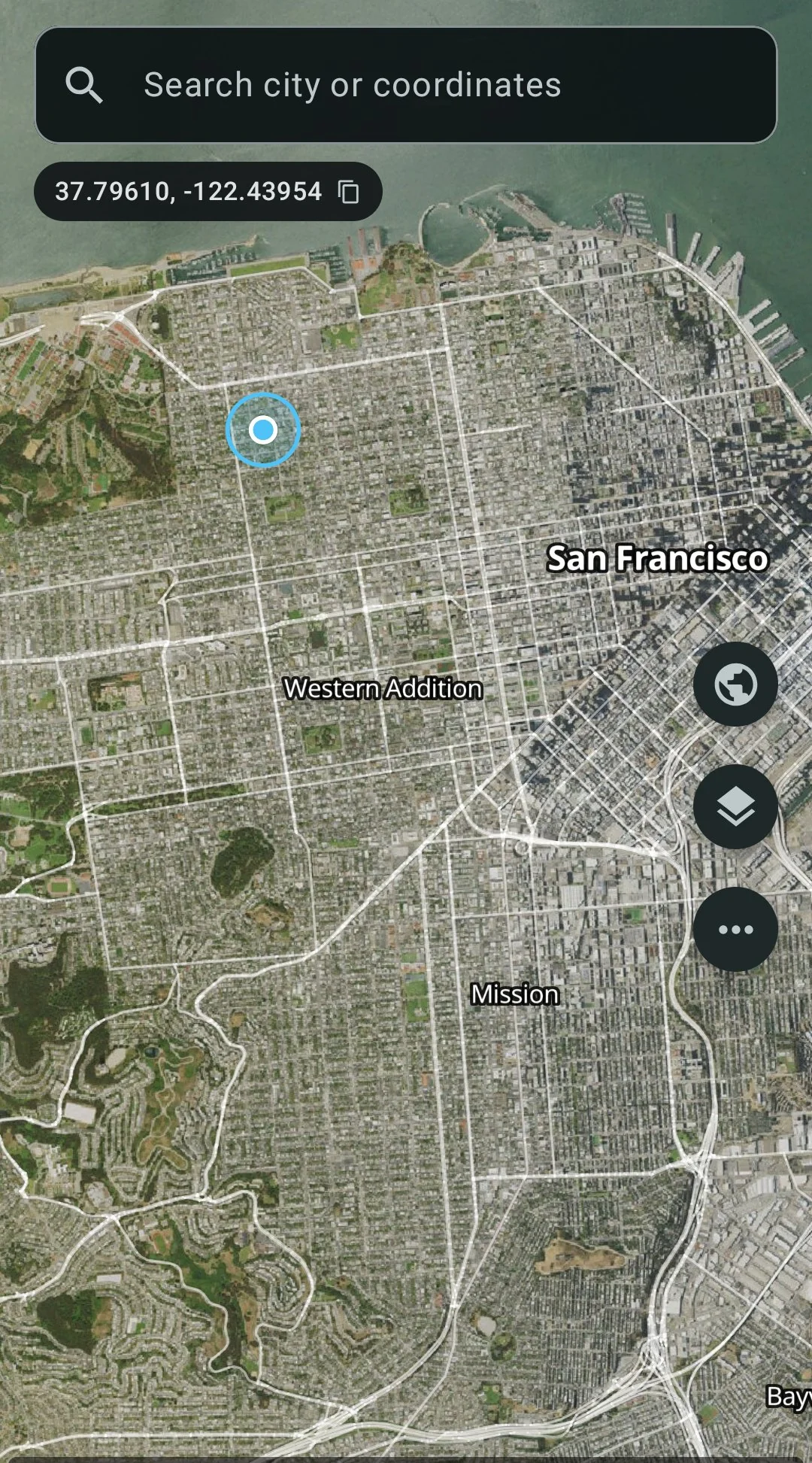 Satellite and street map overlay with search